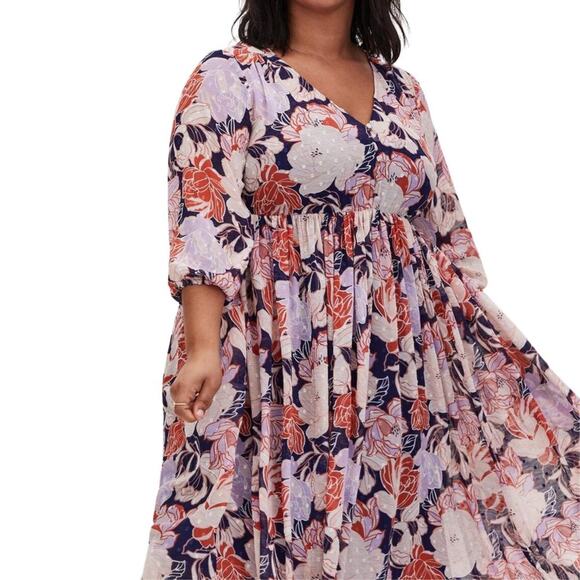 Torrid Navy Floral Swiss Dot Button Down Tea Length Dress in Floral Blue… - Picture 2 of 4